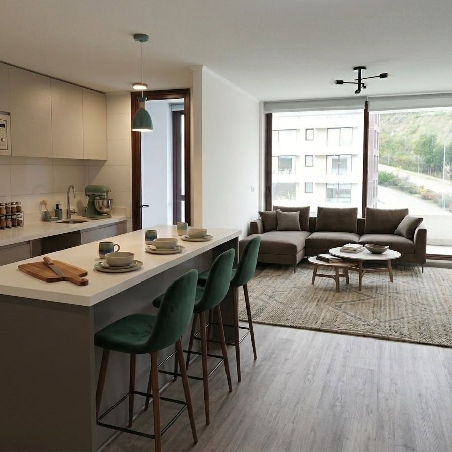 Living y cocina del departamento en Condominio Terralta